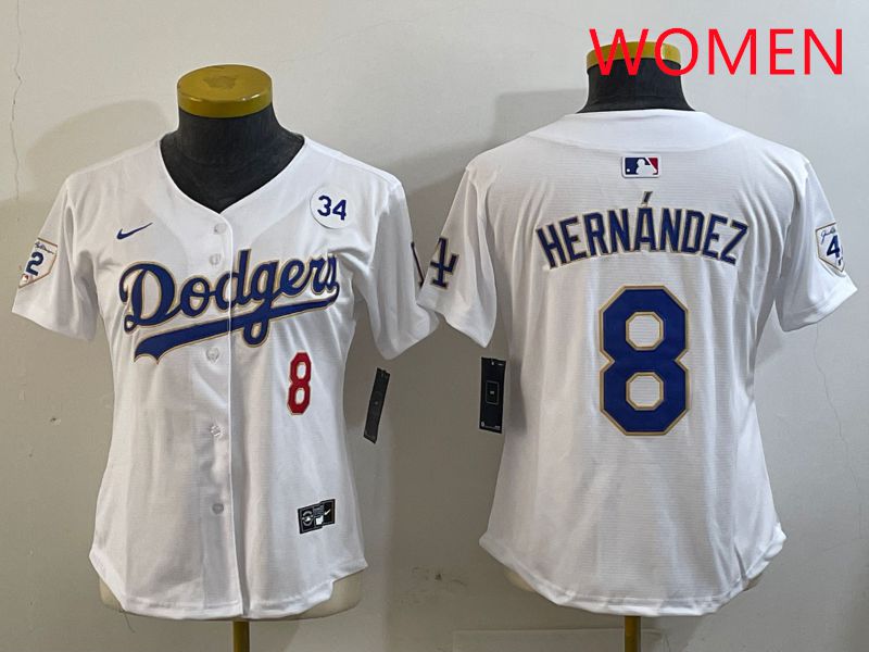 Women Los Angeles Dodgers 8 Hernandez White Gold Game 2025 Nike MLB Jersey style 3